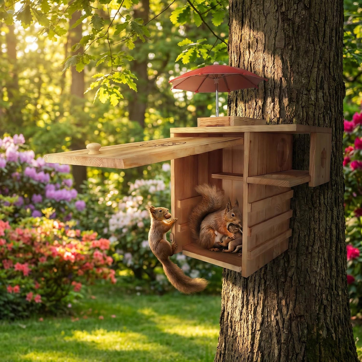 Large Wooden Squirrel House Outdoor，Nest Box with Feeder & Predator Guard