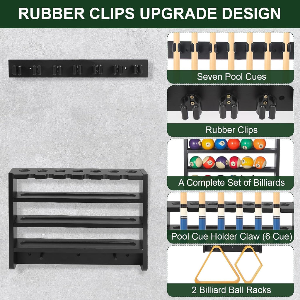 Pool Stick Holder - 7 Pool Cue Rack Wall Mount With Cue Rest and Ball holder, Wooden Pool Table Accessories Equipment