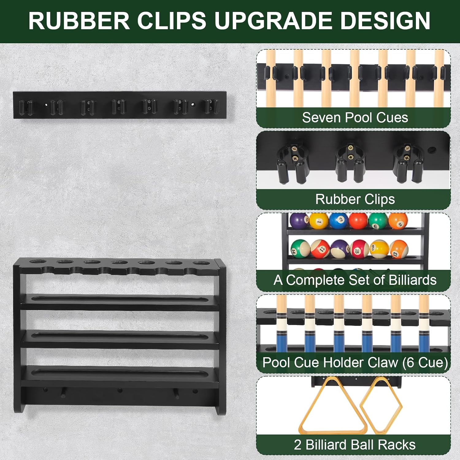 Pool Stick Holder - 7 Pool Cue Rack Wall Mount With Cue Rest and Ball holder, Wooden Pool Table Accessories Equipment