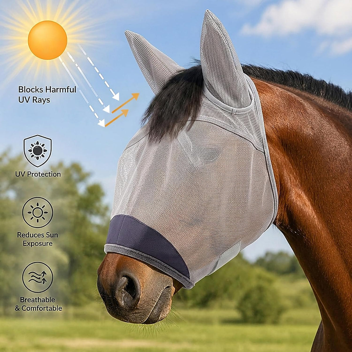 Horse Fly Mask with Ears - UV Protection Fine Mesh Super Comfort Fly Masks for Horses, Adjustable Breathability