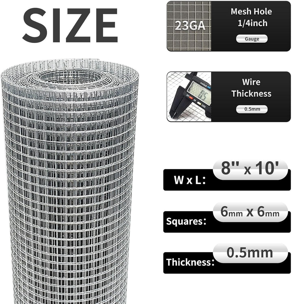Hardware Cloth 8'' x 10' 1/4 in Galvanized Wire Mesh Roll (23 GA) Chicken Wire Fence Roll for Chicken Pen/coop