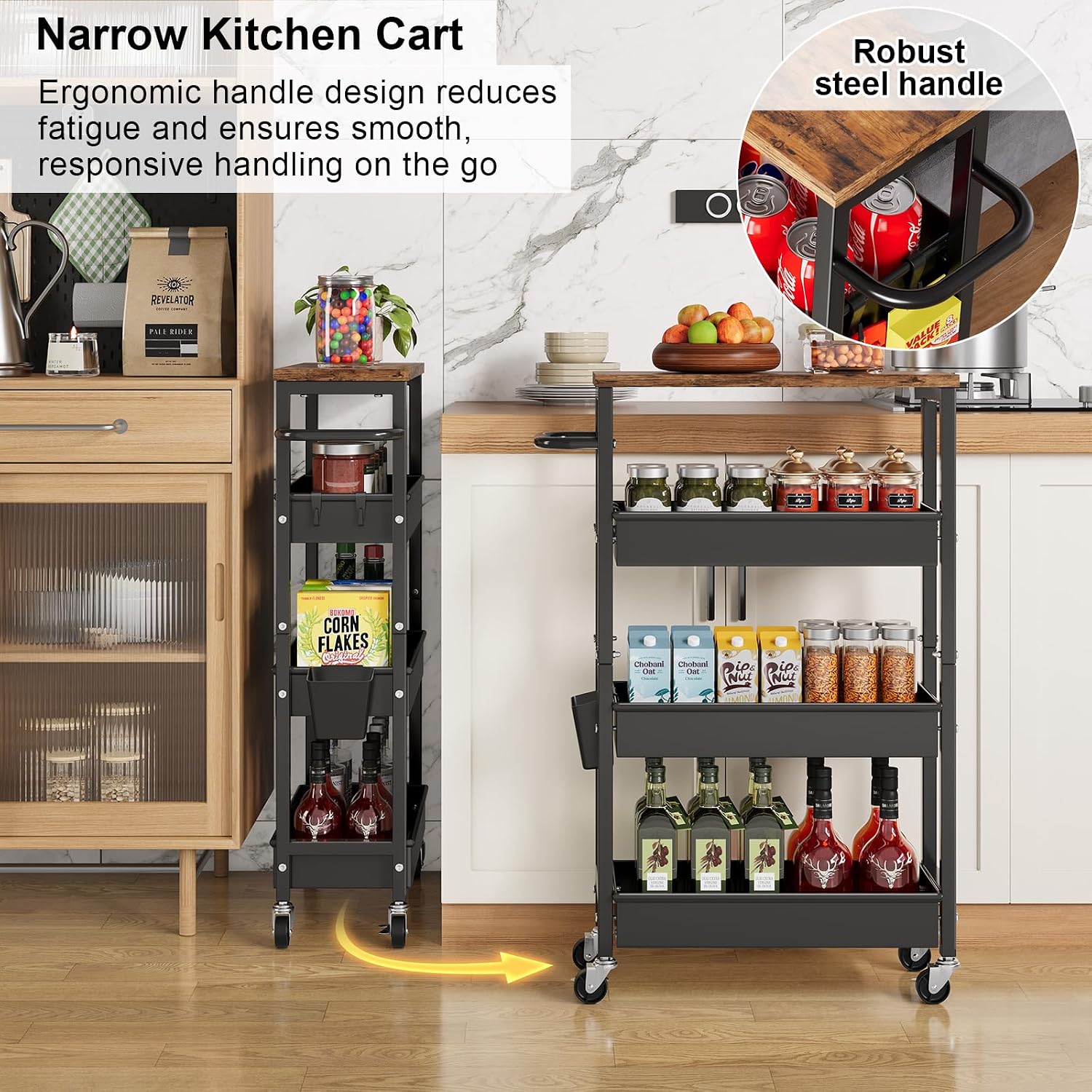 4 Tier Slim Rolling Storage Cart, Metal Narrow Kitchen Cabinet with Wheels, Laundry Room Organization and Storage