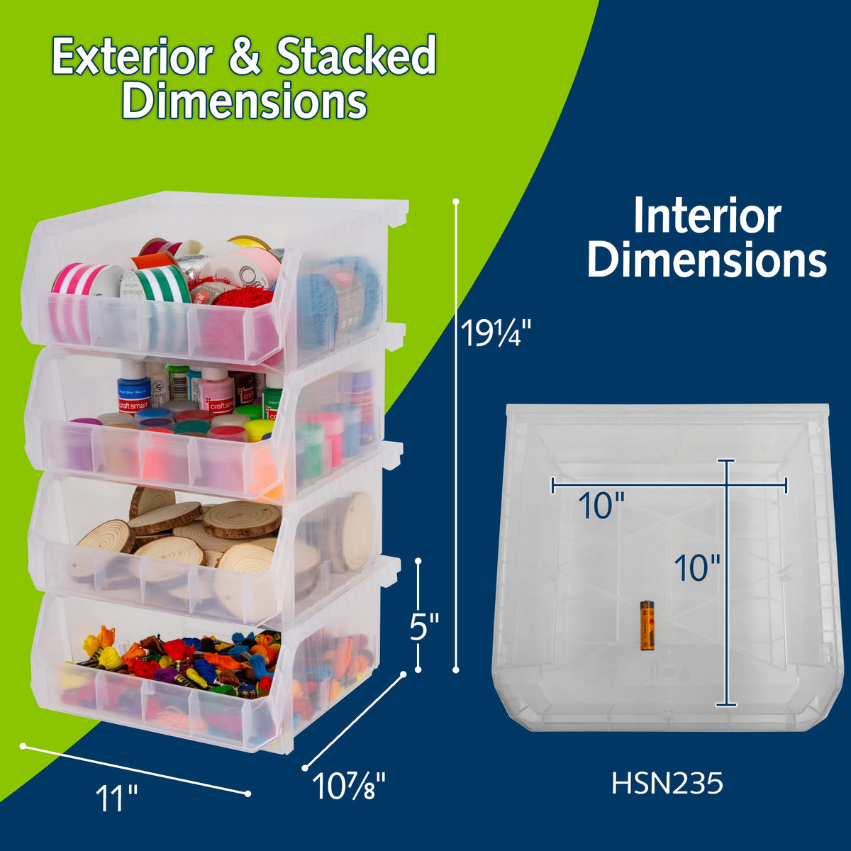 Medium-Wide Stackable Plastic Storage Bins, 4-Pack, Clear