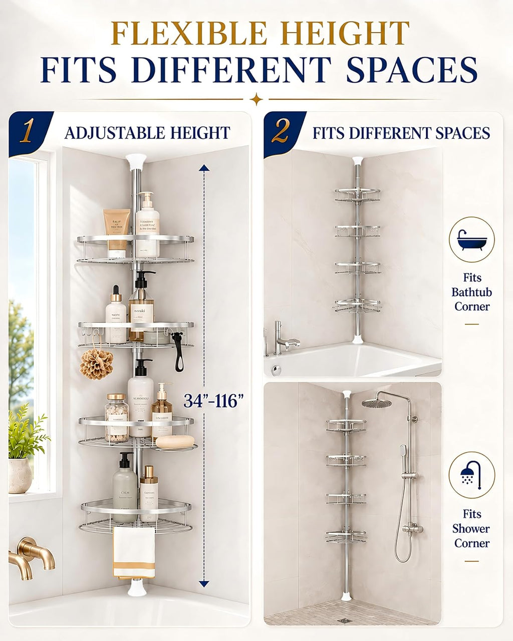 Rustproof Shower Corner Caddy Organizer for Bathroom, 4 Adjustable Shelves with Tension Pole