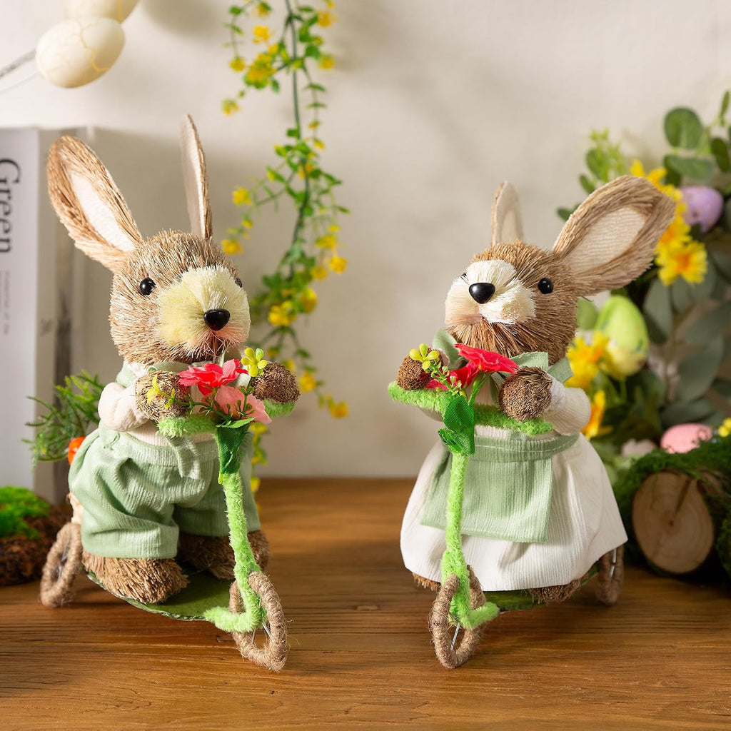 Easter Decor Bunny Bicycle Figurines 10.6 Inch, Easter Bunny Decor with Carrot, Eggs & Flowers, Straw Bunny Couple