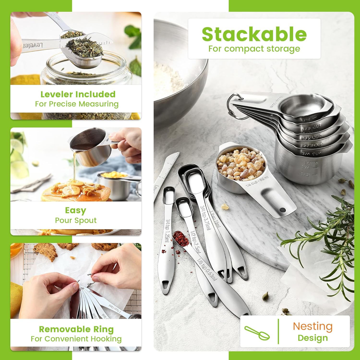 Stainless Steel Measuring Cups and Spoons Set of 14 with Leveler, Nesting Kitchen Metal Measuring Cups and Spoons Set