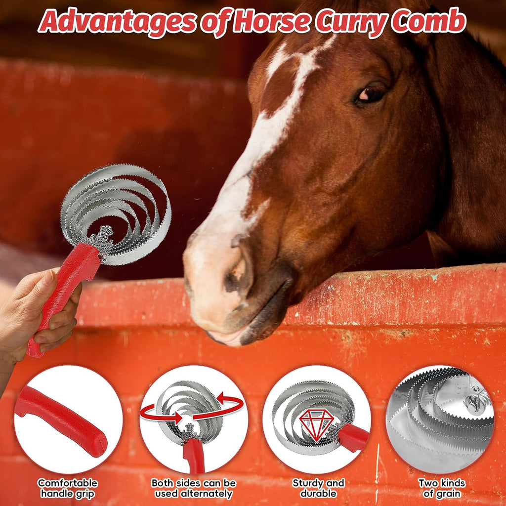 5 Rings Curry Comb Horse Brush Scraper Reversible Stainless Steel Livestock Shedding Comb with Soft Touch Grip for