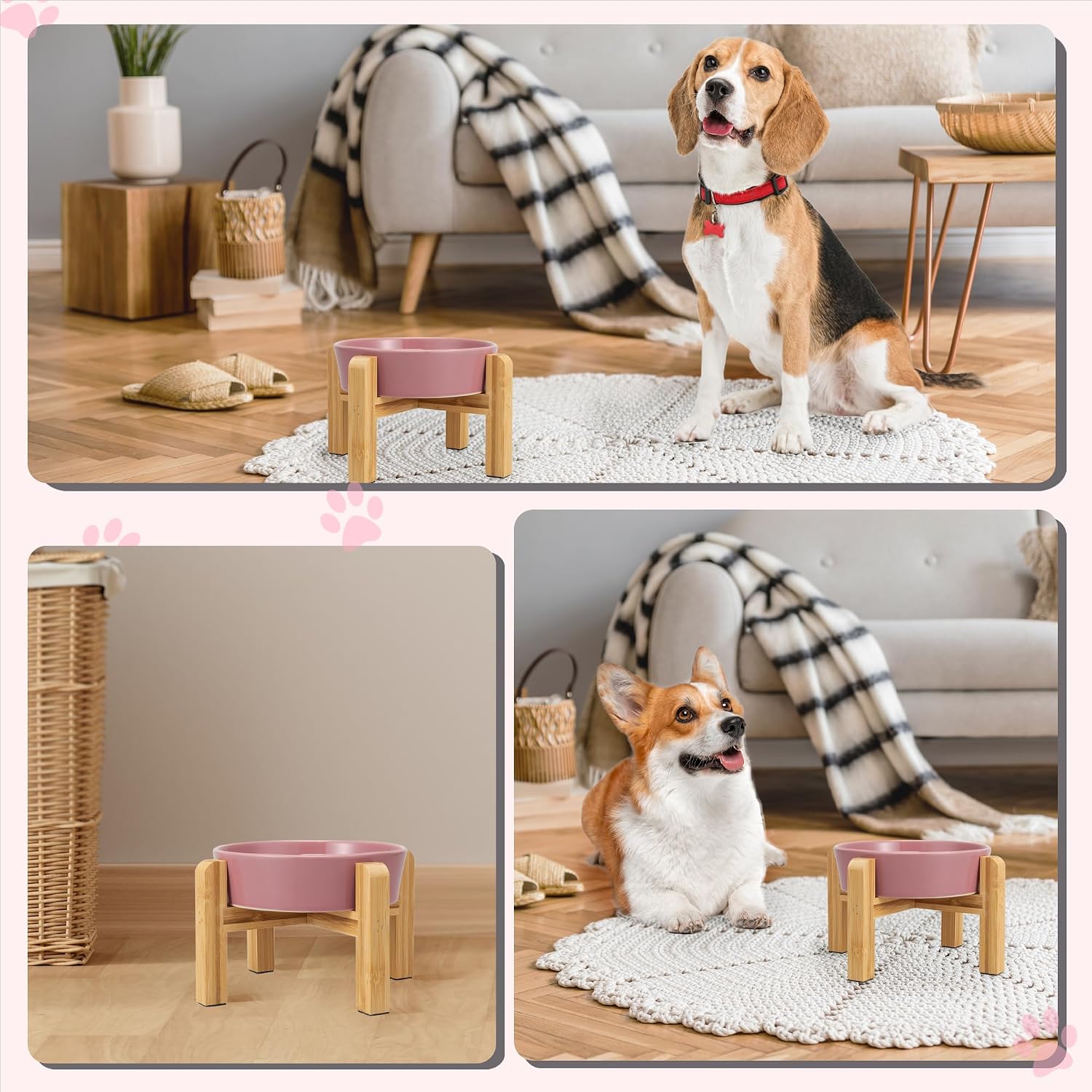 Elevated Slow Feeder Dog Bowl - Ceramic Maze Food Dish with Bamboo Stand - Raised Feeding Bowl for Fast Eaters