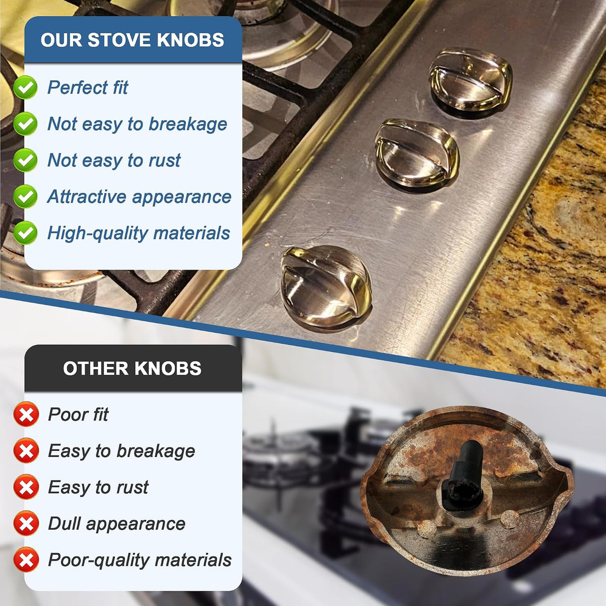 Fetechmate WB03T10325 Metal Replacement Stove Knobs Fit for General Electric/GE Range, 5 Pack Heavy Metal Burner Control Knobs D-Shaft Replace 2691864, JGP329SET1SS, JGP633SET2SS Stove Knobs