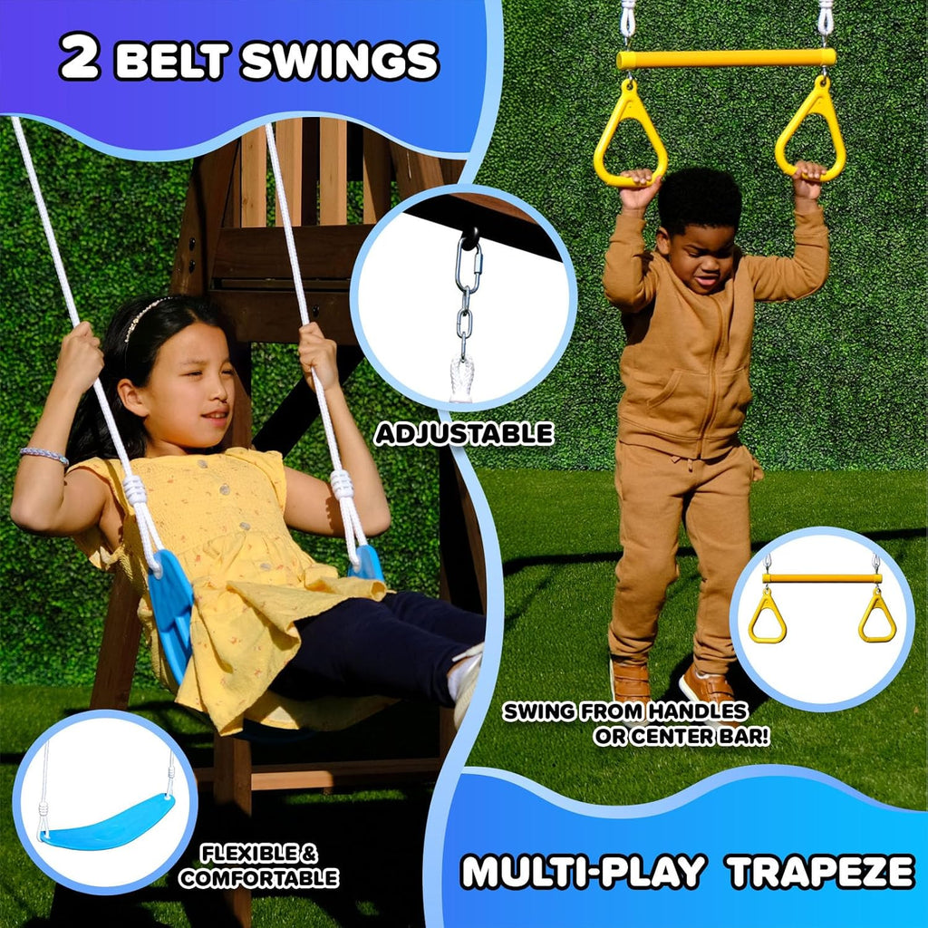 Rosemont Cedar Wooden Swing Set with 8' Slide, 2 Adjustable Swings, Trapeze, Play Fort with Rock Climber, Sandbox