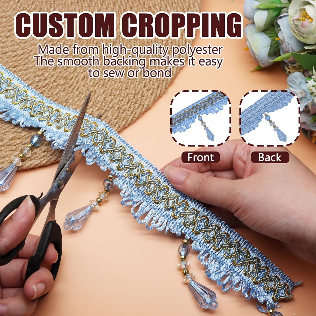Blue Beaded Fringe Trim, 4 Yard, 3.5 Inch Wide