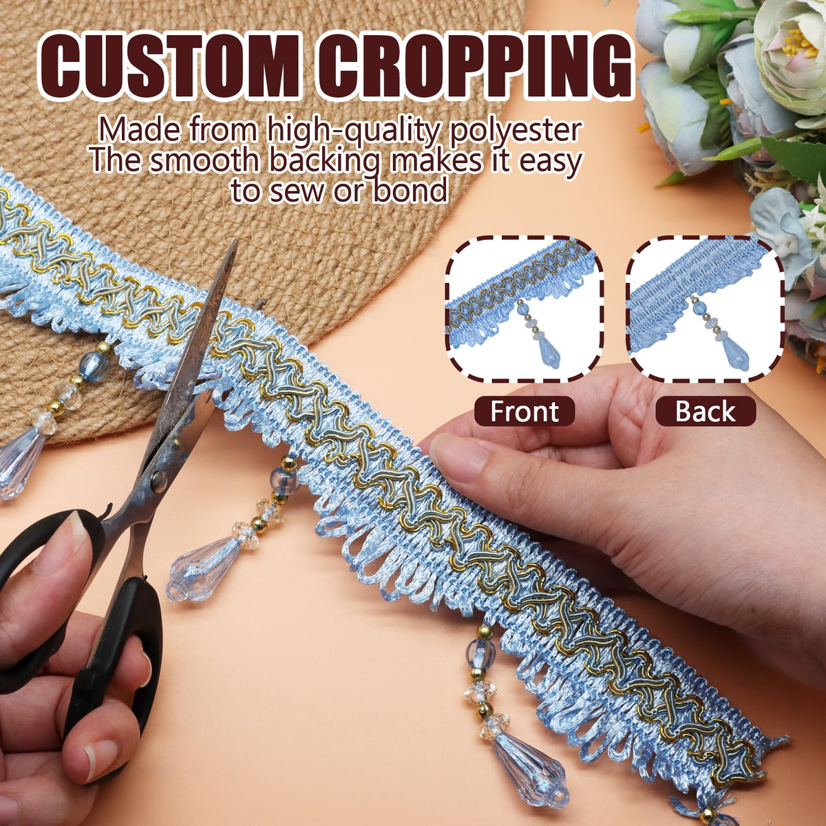 Blue Beaded Fringe Trim, 4 Yard, 3.5 Inch Wide