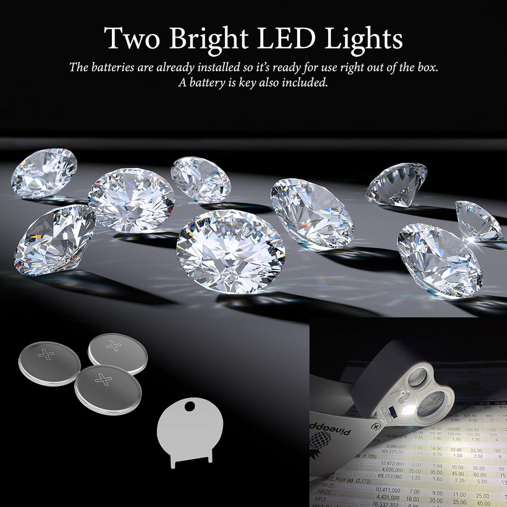 30X 60X Jewelers Loupe Magnifier with Light, Lighted Magnifying Glass Jewelry Loop, Pocket Magnifier for Coins