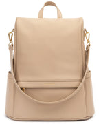 Leather Diaper Bag Backpack with USB Charging port, Changing Pad, Stroller Straps (Beige Mia)
