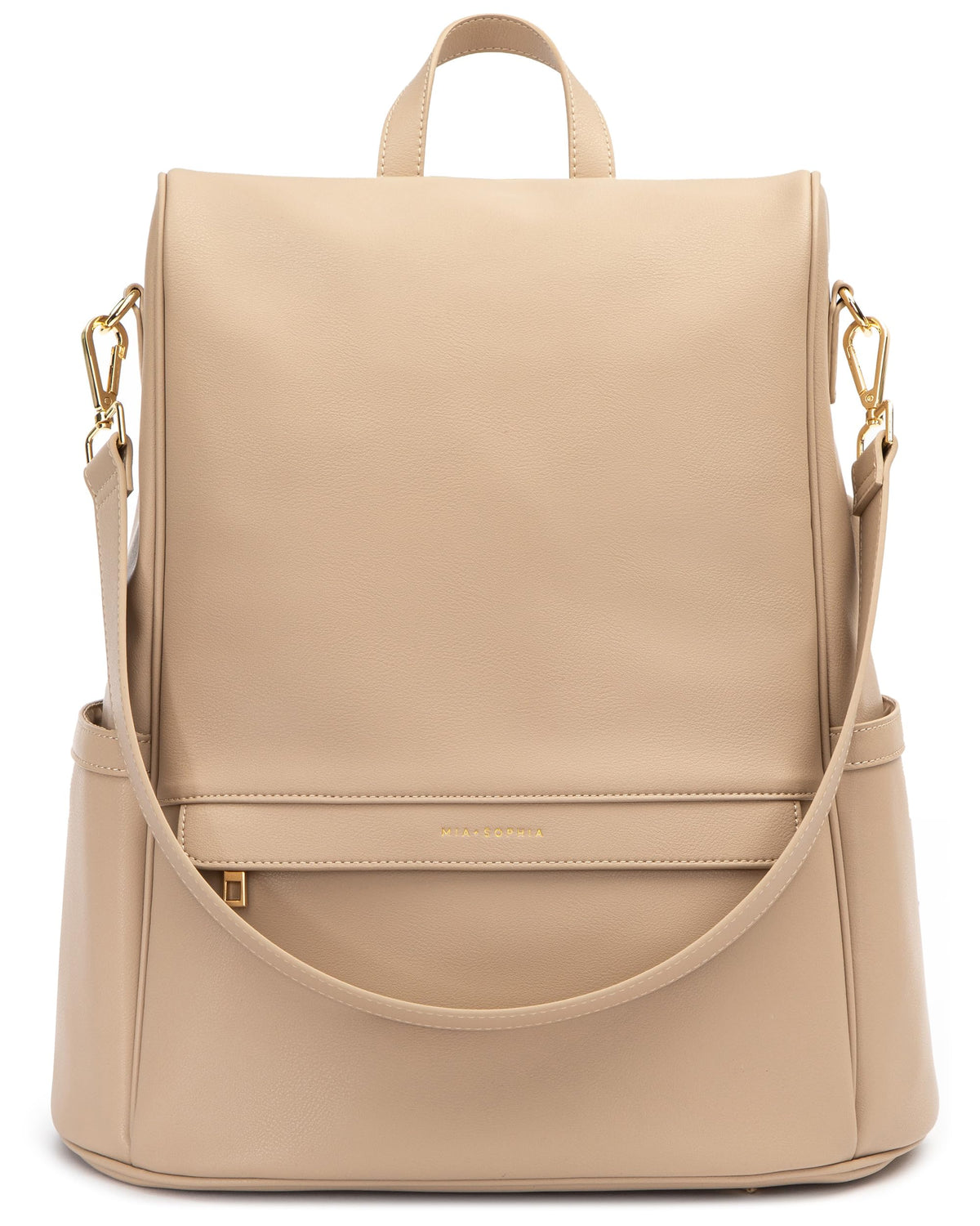 Leather Diaper Bag Backpack with USB Charging port, Changing Pad, Stroller Straps (Beige Mia)
