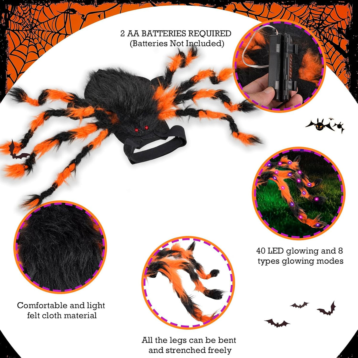 Halloween Spider Costume for Small Dog - Glowing Funny Cats Pet Costumes
