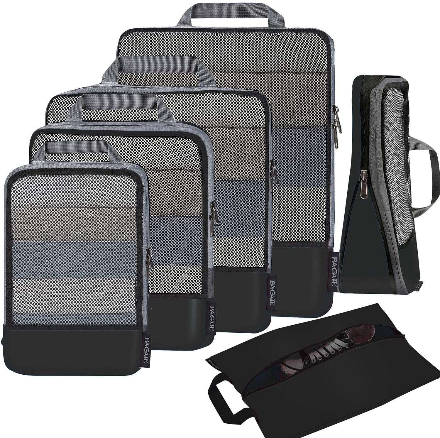 4 Set/6 Set/8 Set Compression Packing Cubes Travel Accessories Expandable Packing Organizers (Half Mesh, 6-Black)