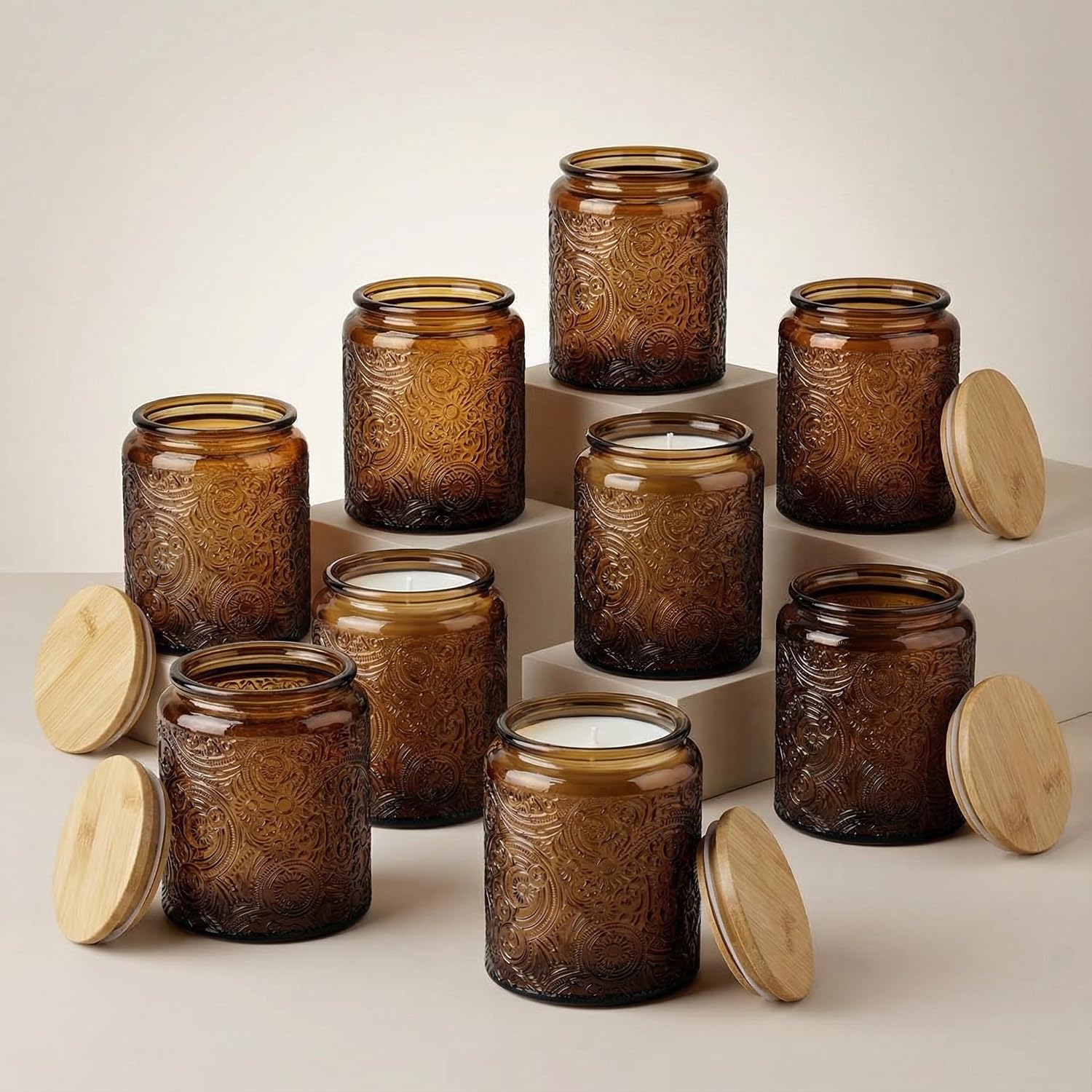 8 oz Mocha Sun Moon Stars Candle Jars with Bamboo Lids, 9 Pack | Patented Embossed Design, Includes Wick Centering