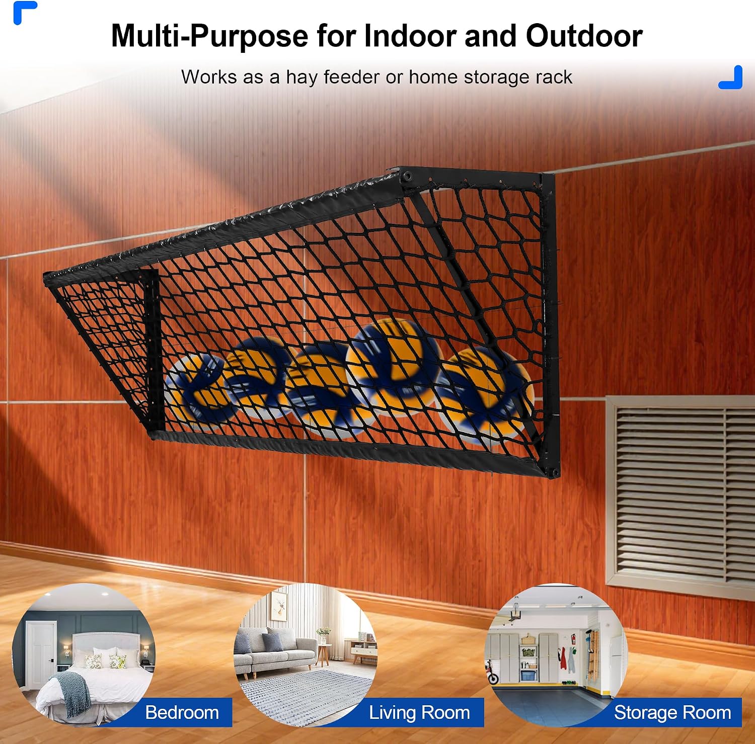Upgraded Hay Feeder for Goats with Net, 63Inch Long Wall Hay Rack with 50Gallon Large Capacity, Blanket Hay Holder