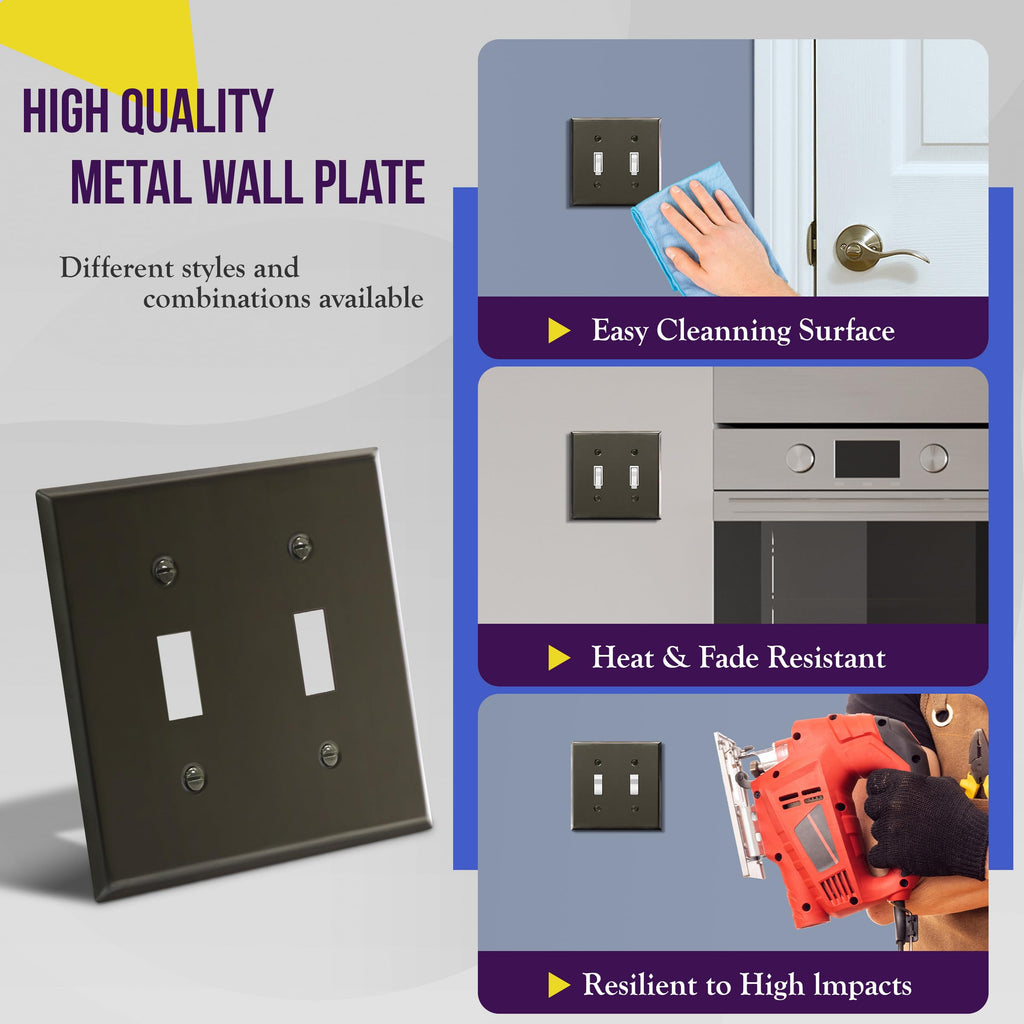 ENERLITES Toggle Light Switch Metal Wall Plate, 2-gang Polished Black