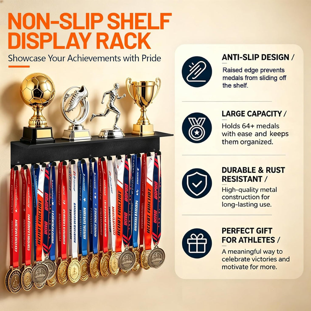 Medal Hanger Display with Shelf, Trophy and Medal Display Shelf, Sports Medal Plaques Hanger Display for Running