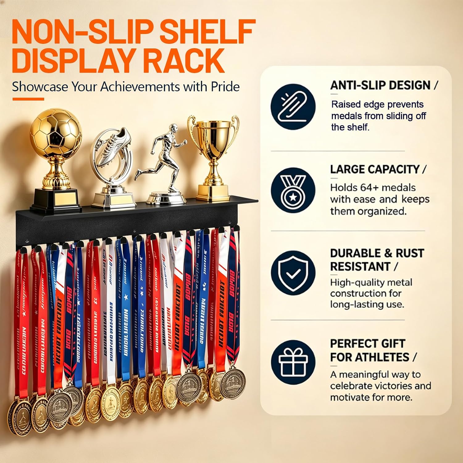 Medal Hanger Display with Shelf, Trophy and Medal Display Shelf, Sports Medal Plaques Hanger Display for Running