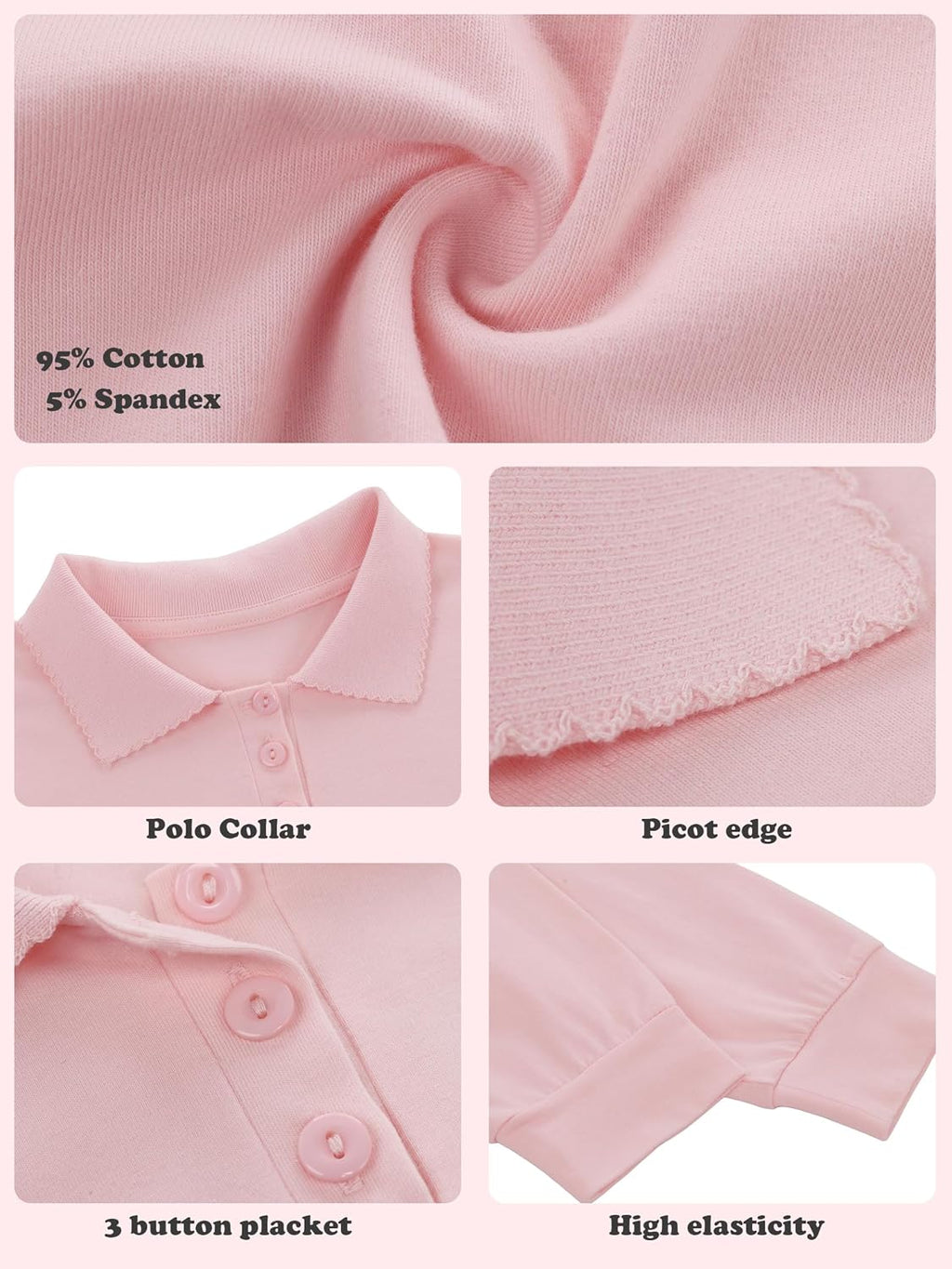 4 Pieces Girls' Long Sleeve Polo Shirt School Uniform Interlock Polo Shirt with Picot Collar, Button Closure