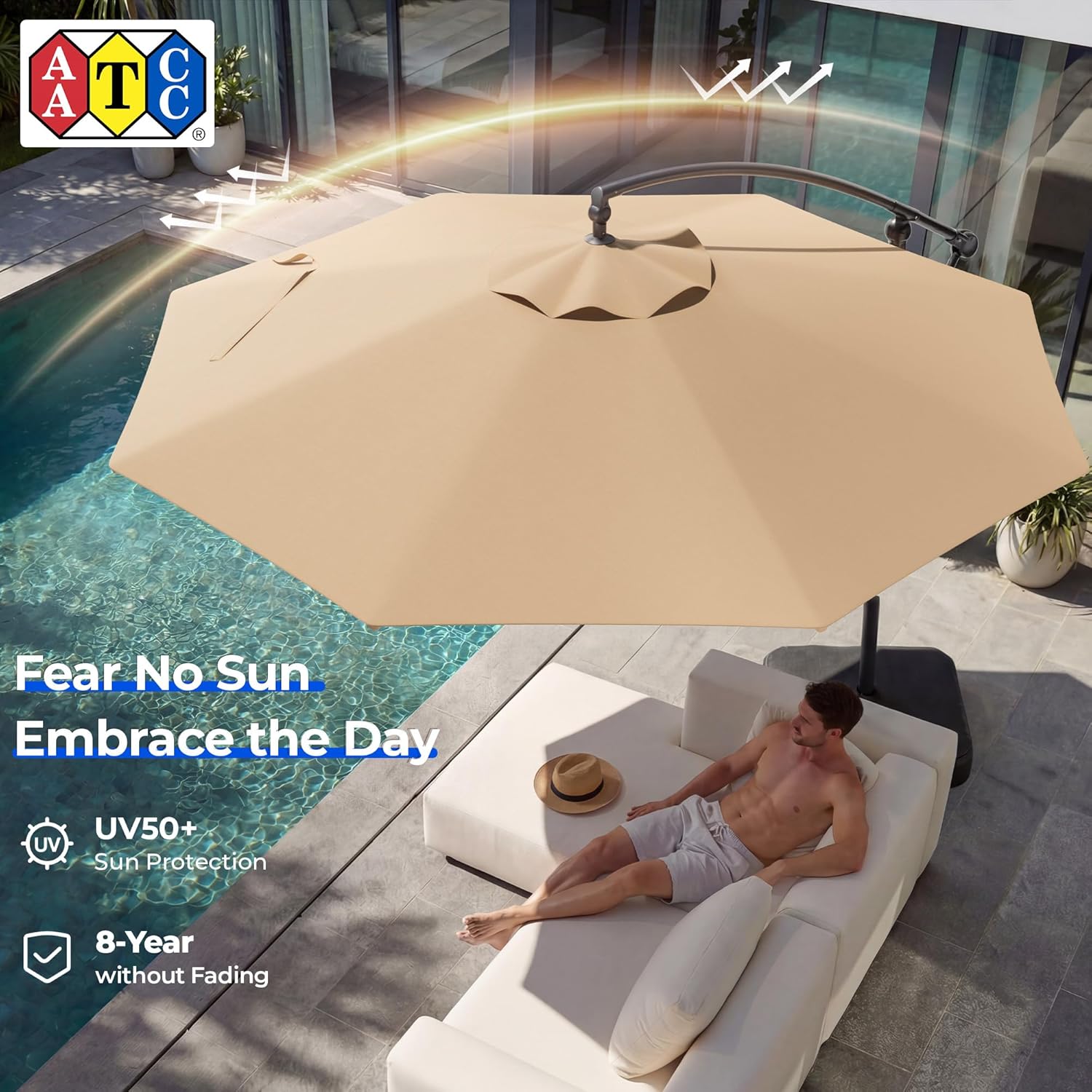 10ft Cantilever Patio Umbrella with Base Included, 30 MPH Wind-Resistant Offset Outdoor Hanging Umbrella with 45