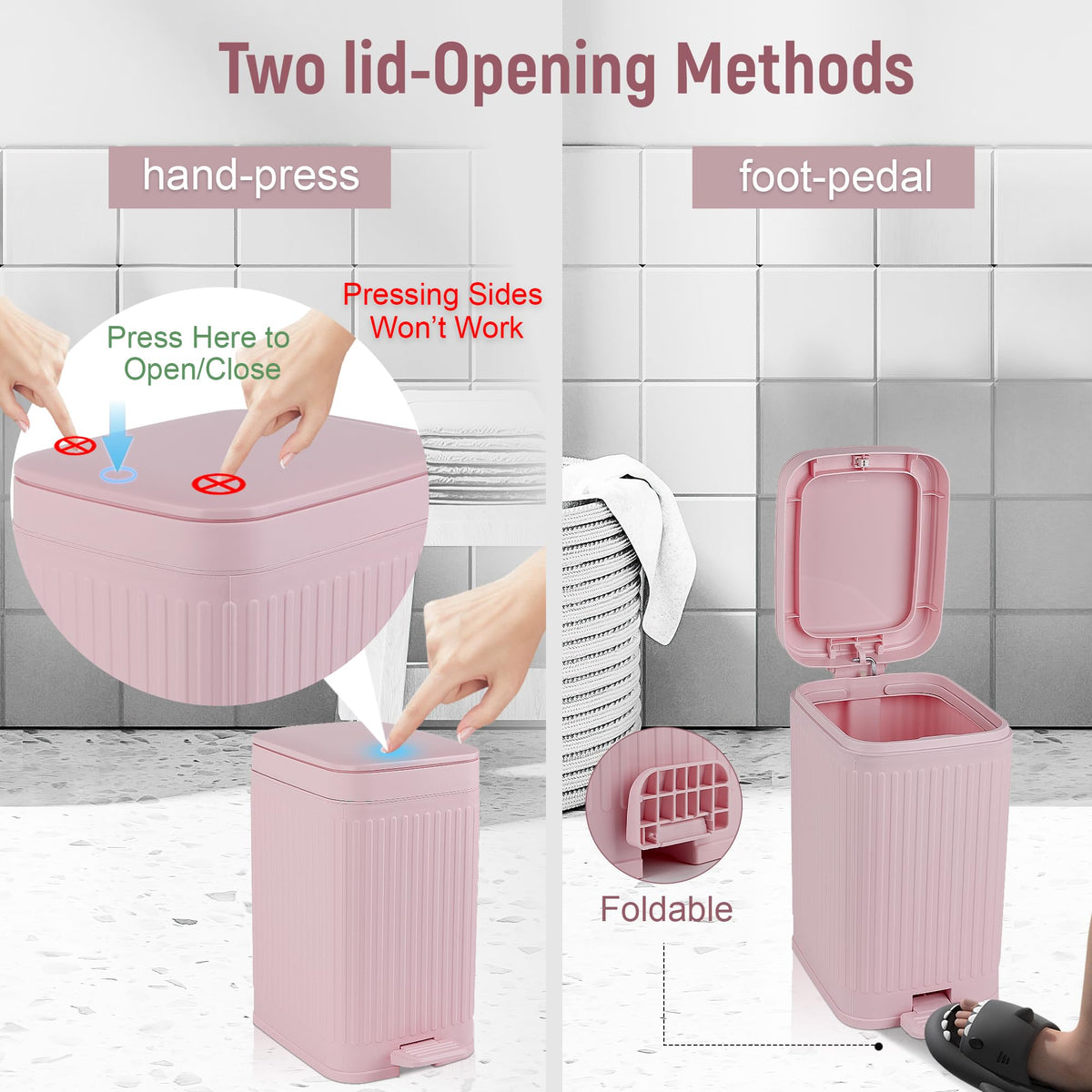 Small Bathroom Trash Can with Lid, 1.9 Gallon Slim Soft Close Step, Pink
