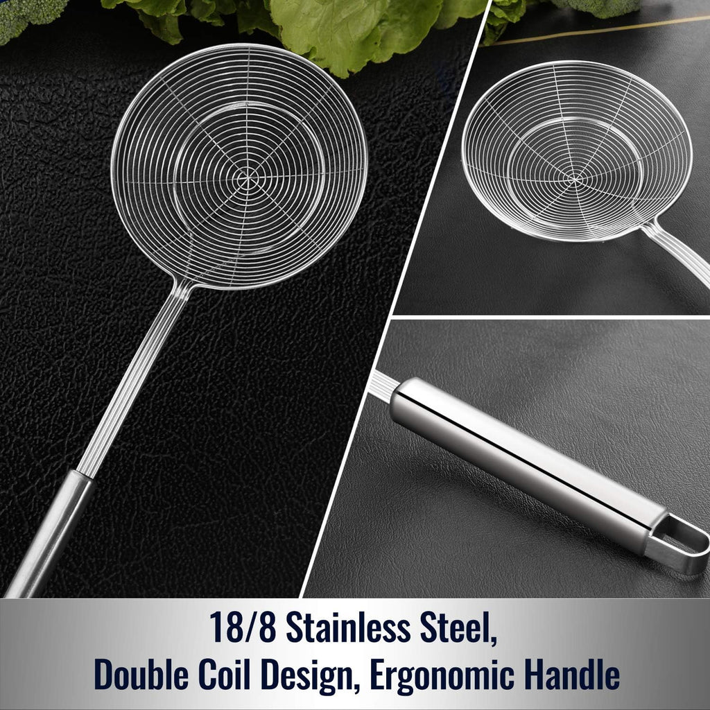 Solid Stainless Steel Spider Strainer Skimmer Ladle for Cooking and Frying, Kitchen Utensils Wire Strainer Pasta