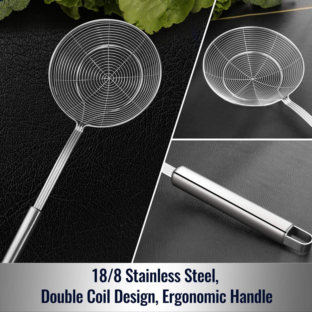 Solid Stainless Steel Spider Strainer Skimmer Ladle for Cooking and Frying, Kitchen Utensils Wire Strainer Pasta