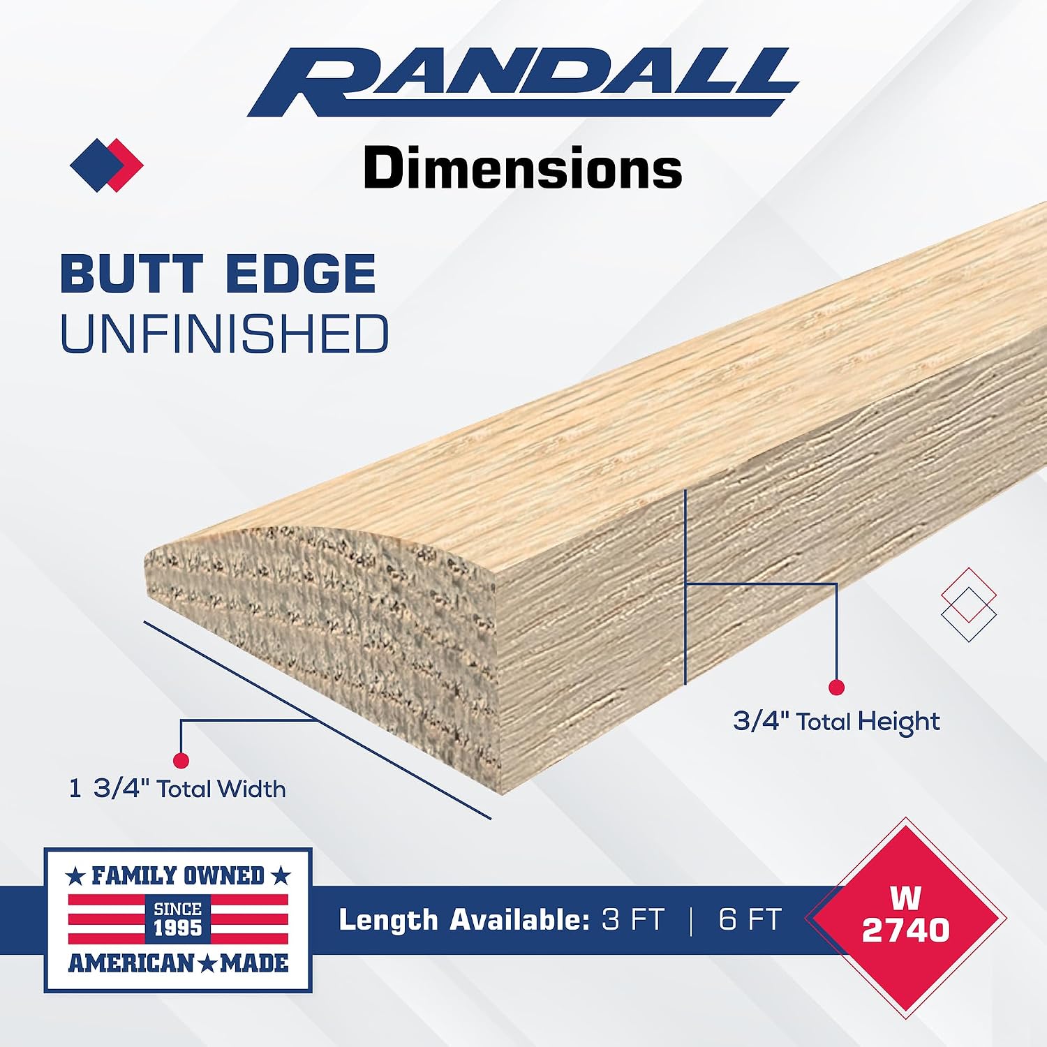 36" Red Oak Butt Edging/Reducer – 3/4" Thick x 1-3/4" Wide Unfinished Solid Oak Transition Strip with Installation