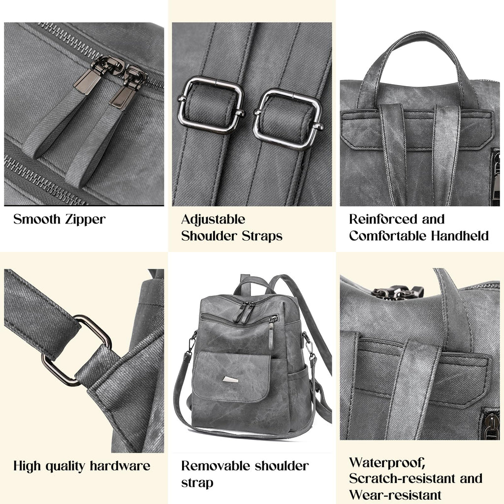 Backpack Purse for Women, PU Leather Ladies Backpack, Grey