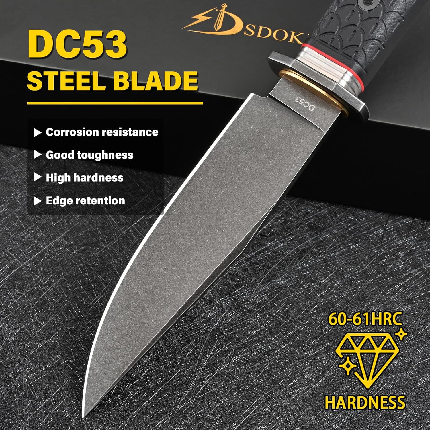 DC53 Steel Fixed Blade Hunting Knife with Sheath - Tactical EDC Knife for Men, Essential for Outdoor Survival Camping