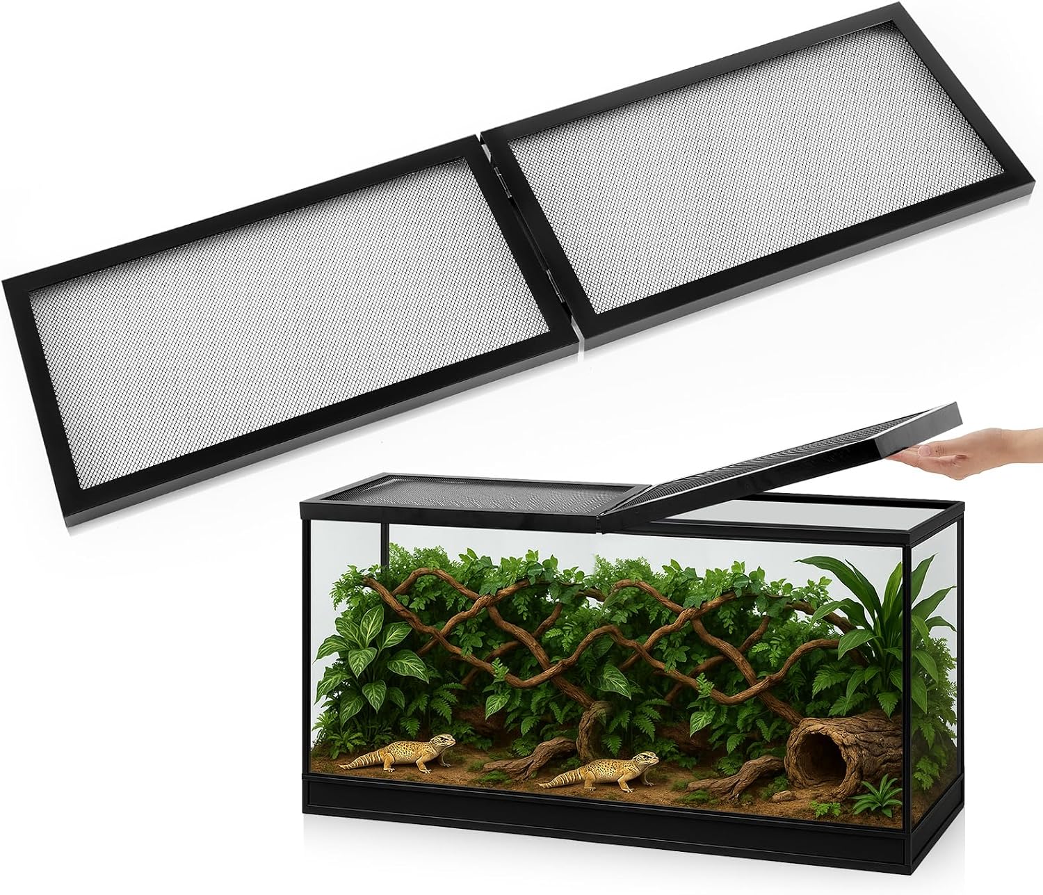 55 Gallon Aquarium Lid with Center Hinge, Fish Tank Screen | Reptile Terrarium Cover, Hinged for Easy Feeding, Mesh