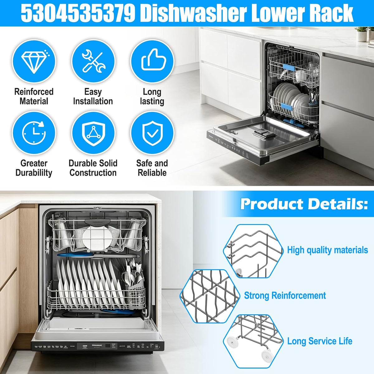 UPGRADE 5304535379 Dishwasher Lower Dishrack Compatible with Frigidaire Dishwasher Rack Replacement Parts,5304535379 154331605 FDB1050RES0 Frigidaire Kenmore Dishwasher Bottom Rack Parts with Wheels