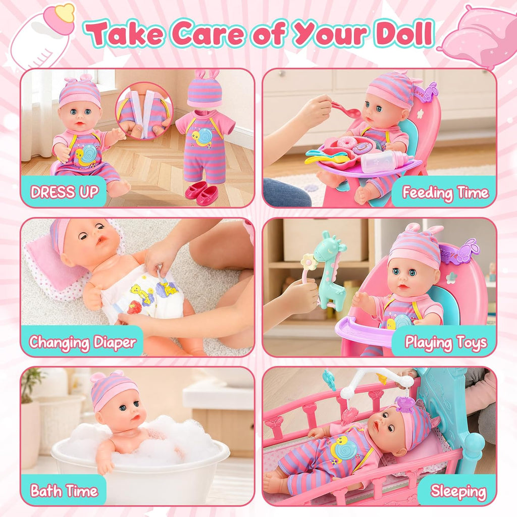 12” Baby Doll Play Set with Crib, Mobile, High Chair Feeding Accessories, Interactive Dolls for Girls Kids Pretend