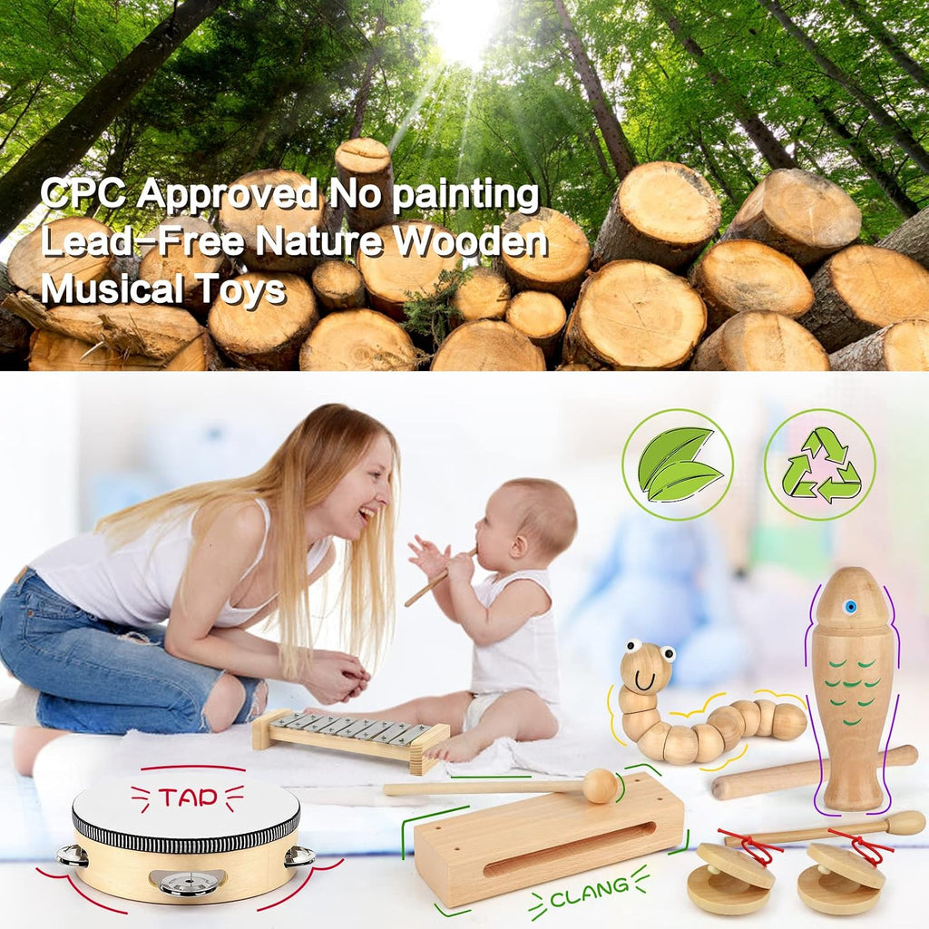 Kids Musical Instruments,100% Natural Wooden Music Percussion Toy Sets, 23 Pcs Tambourine Xylophone Toys for Kids