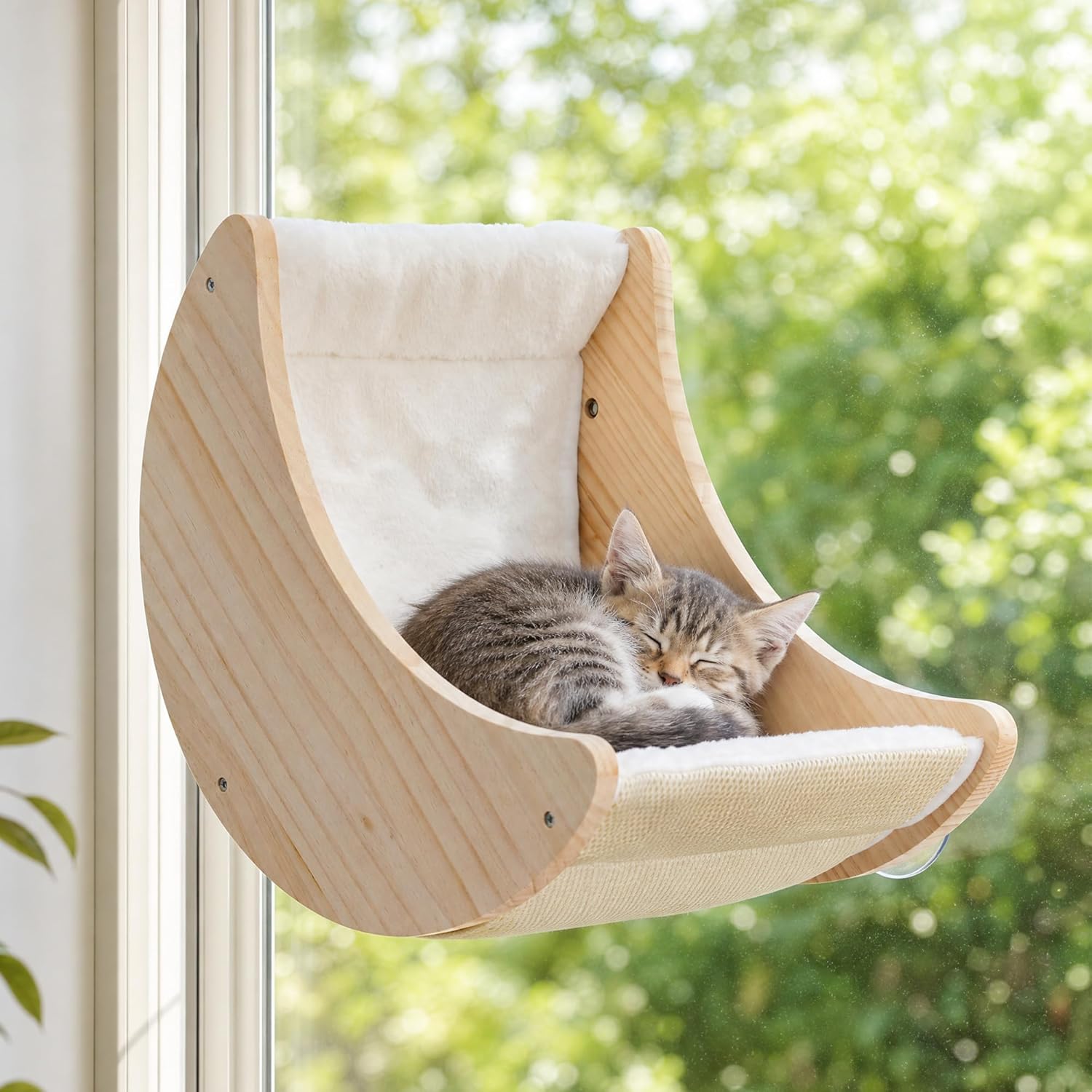 Cat Window Perch & Hammock, Heavy Duty Solid Wood Window Cat Bed with Soft Liner, Suction Cup Moon Seat for Inside
