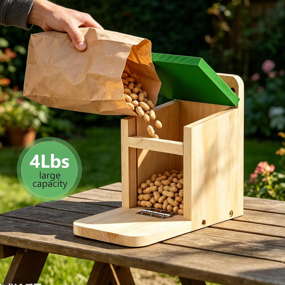 Squirrel Feeders for Outside Garden, Wooden Squirrel Feeder Box,Squirrel Feeding Stations with Green Cover, Easy to