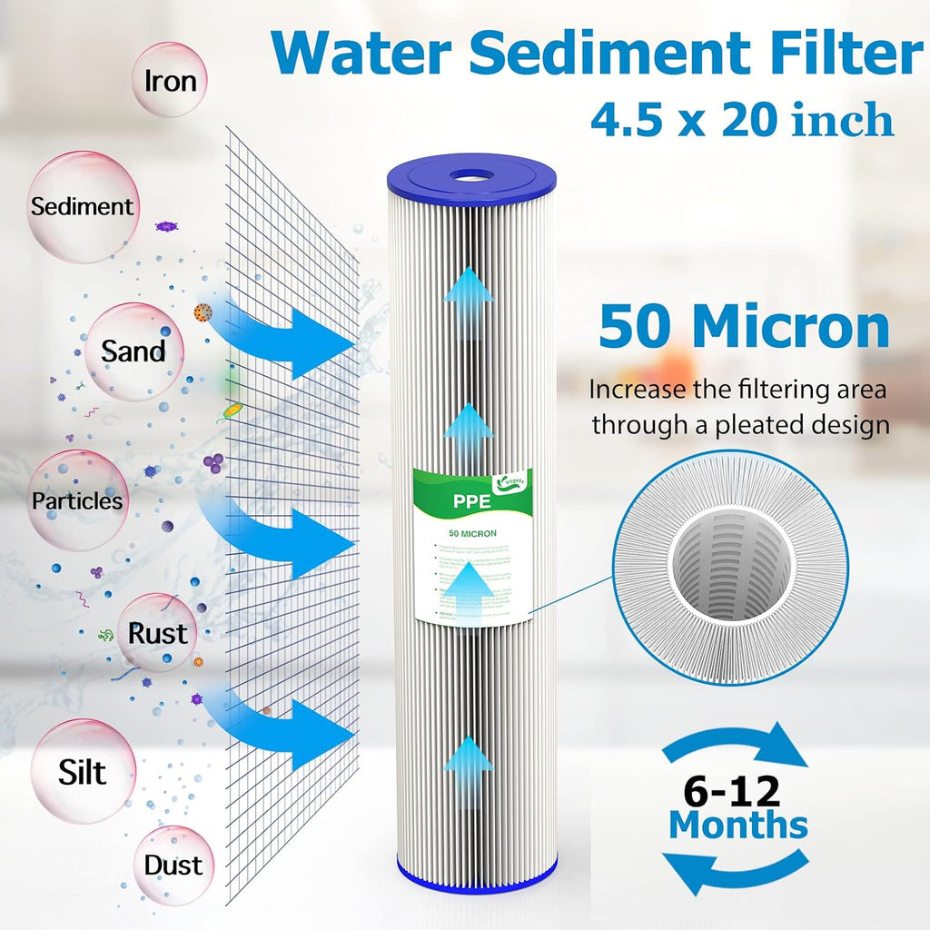 50 Micron 20-Inch Whole House Water Filter Cartridge, 6 Pack