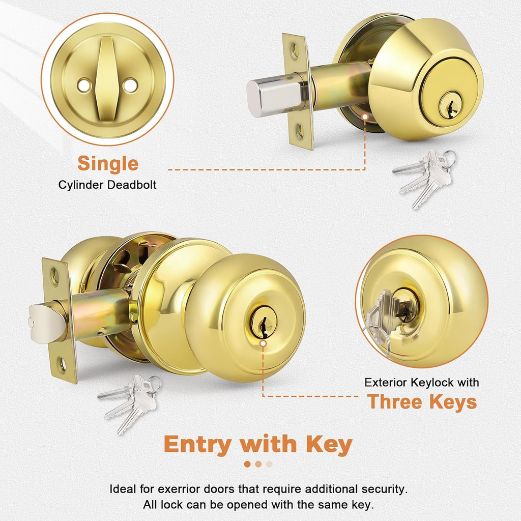 Keyed Entry Door Knobs Exterior Lockset and Single Cylinder Deadbolt Combination Set for Front Door, Polished Brass