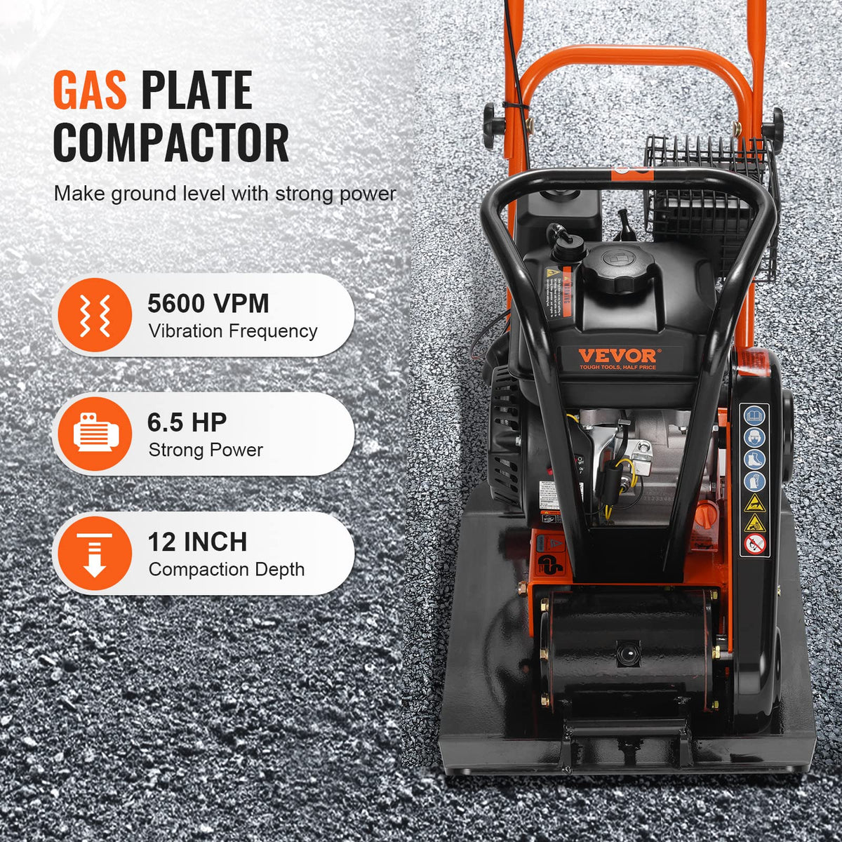 Plate Compactor, 6.5 HP 196cc Gas Engine, 2360 lbs Compaction Force