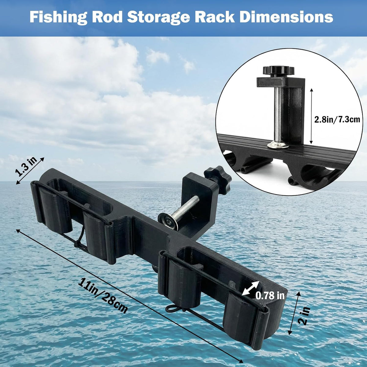 Pontoon Boat Rod Holders, Adjustable Clamp-On Square Rail Fishing Pole Rack