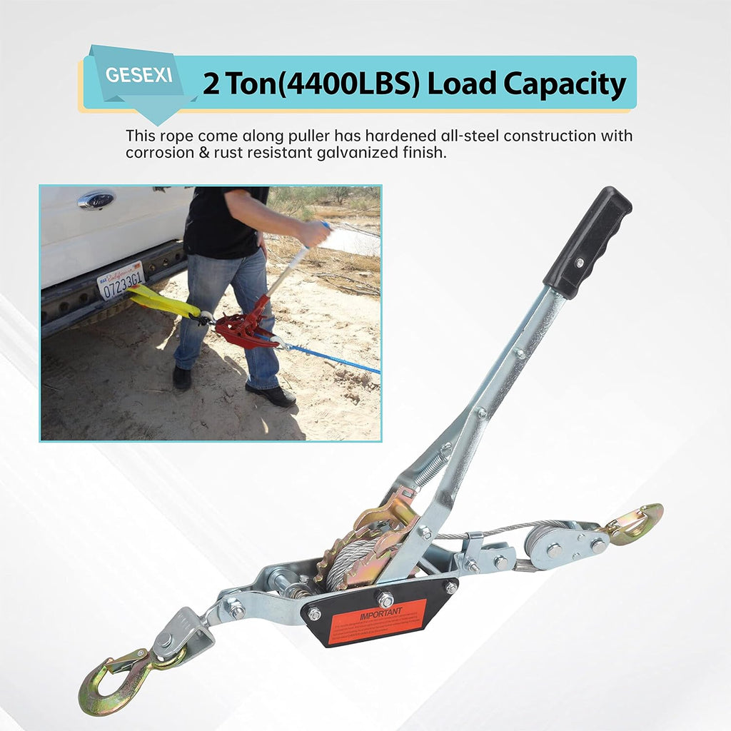 2 Ton Dual Gear Power Puller, Come Along Pulling Tool with 2 Hooks | Automotive Hoist Hand Winch Cable Puller