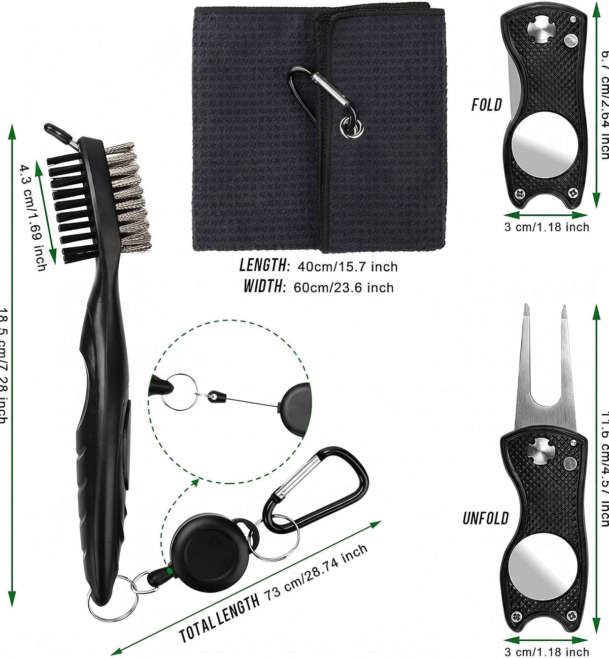 Golf Towel Kit, Foldable Divot Tool with Magnetic Ball Marker & Club Groove Cleaner Brush, Microfiber Waffle Golf