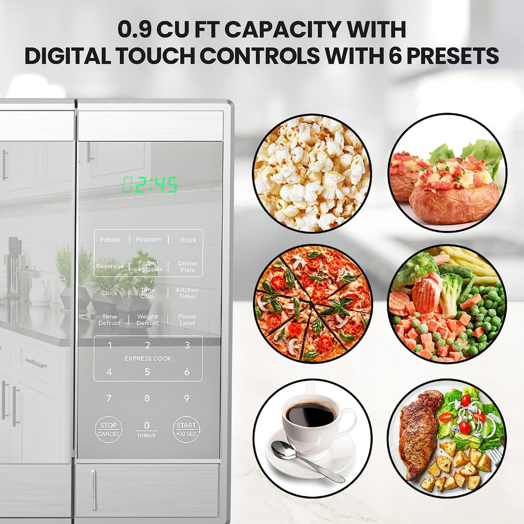 0.9 Cu Ft Microwave Oven – Compact Countertop Kitchen Appliance, Small Stainless Steel Microwave with Digital Touch