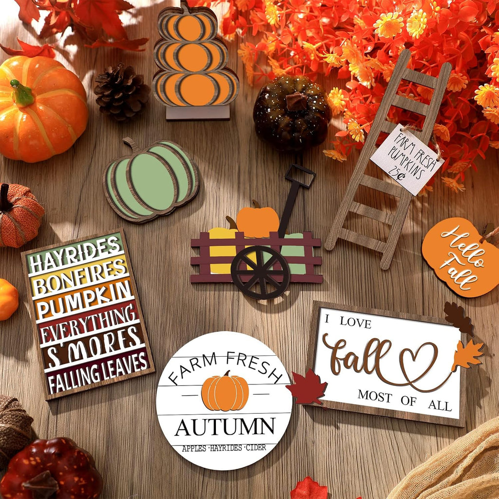 15 Pcs Fall Decorations for Home Fall Tiered Tray Decor Set,Harvest | Maple Leaves Pumpkin Wooden Signs, Thanksgiving