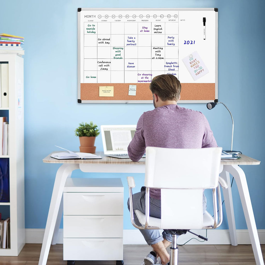24" x 36" Monthly Whiteboard Calendar with Cork Board, Dry Erase Magnetic Whiteboard for Daily Planning, Wall