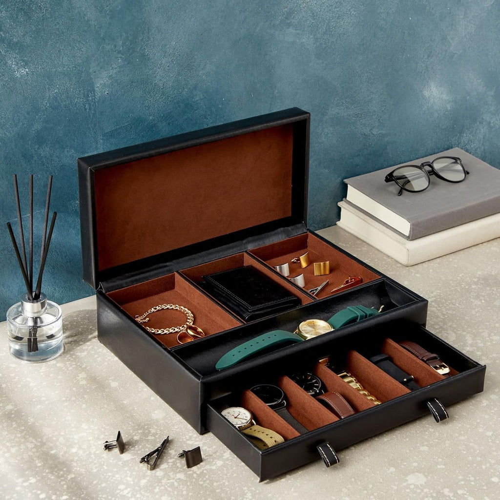 Jewelry Box Organizer and Holder - Black Watch Box with Leather Valet Tray for Home Improvement - 12.6 x 9 x 4 In